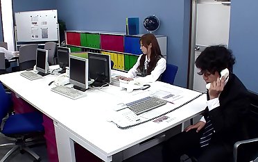 Kinky Asian girl Masakazu Osino gets fucked in the office by 2 guys